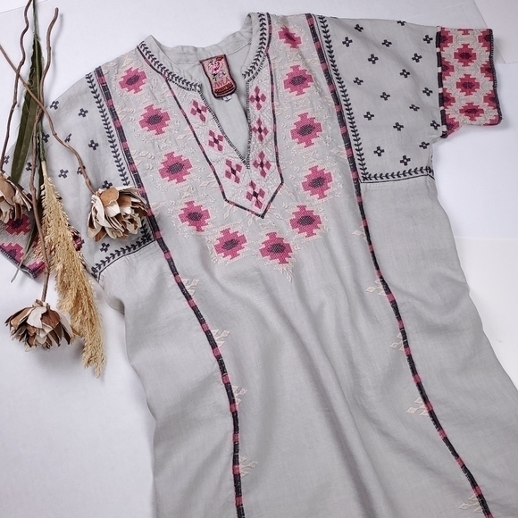 Johnny Was Gray Linen Pink Embroidered Tunic Dress Sz S - Picture 7 of 16